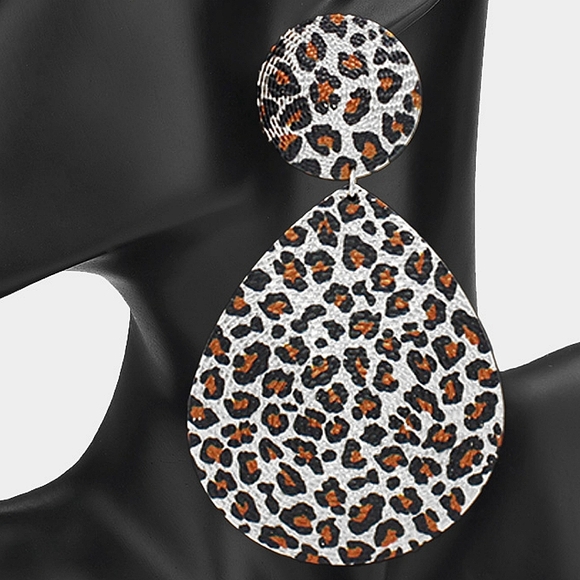 Silver Leopard Print Oversized Animal Textured Metal Dangle Teardrop Earrings - Picture 2 of 2
